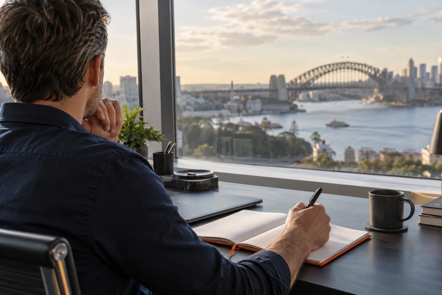 A business owner pauses with a pen and open notebook beside an office window.