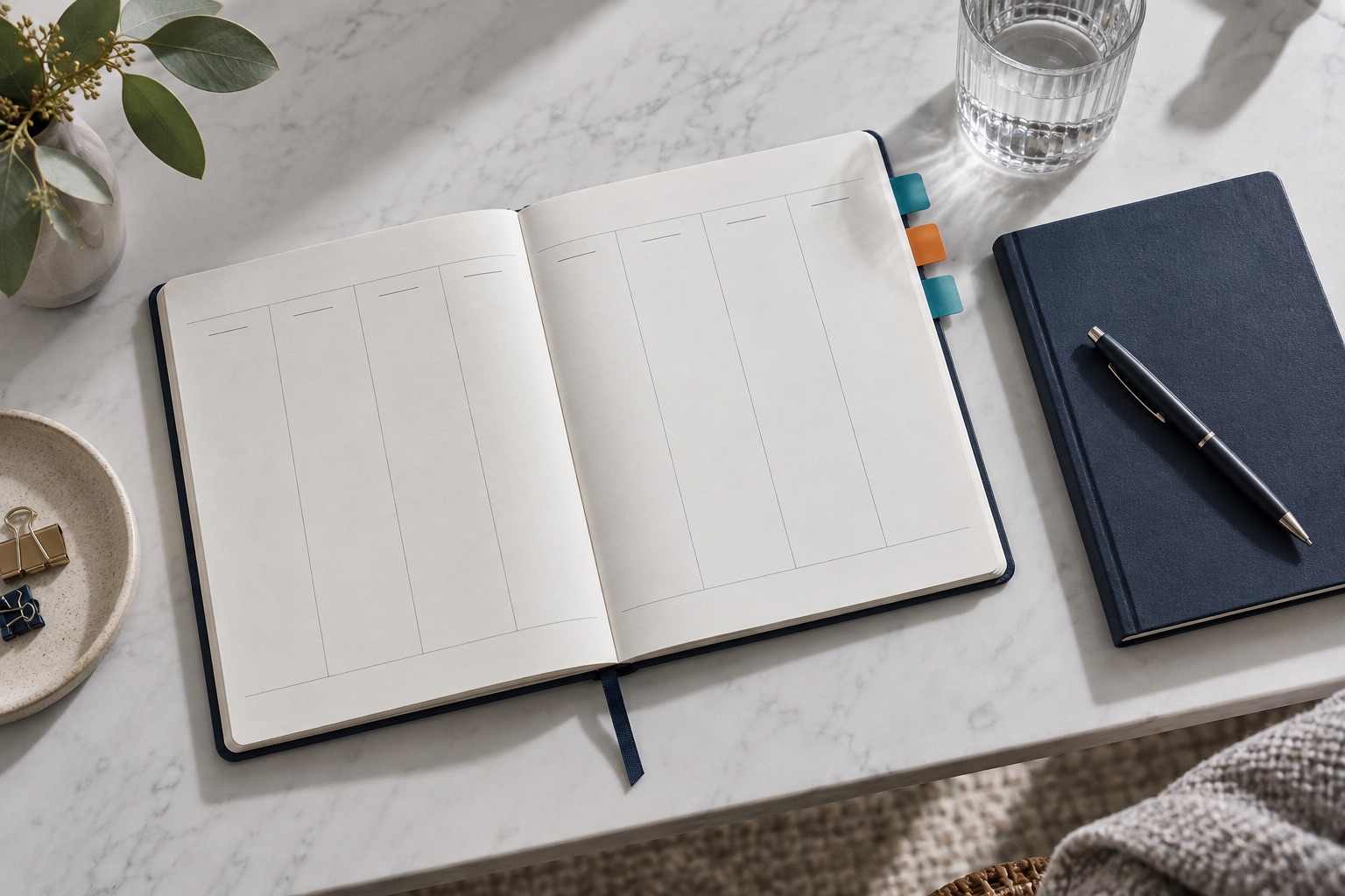 An open weekly planner with a navy notebook and pen, ready for a weekly review.